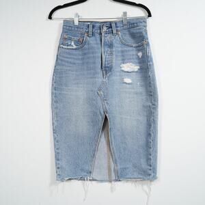 Levi’s Big E Denim Skirt Button Fly Distressed Size 26 Blue Jean